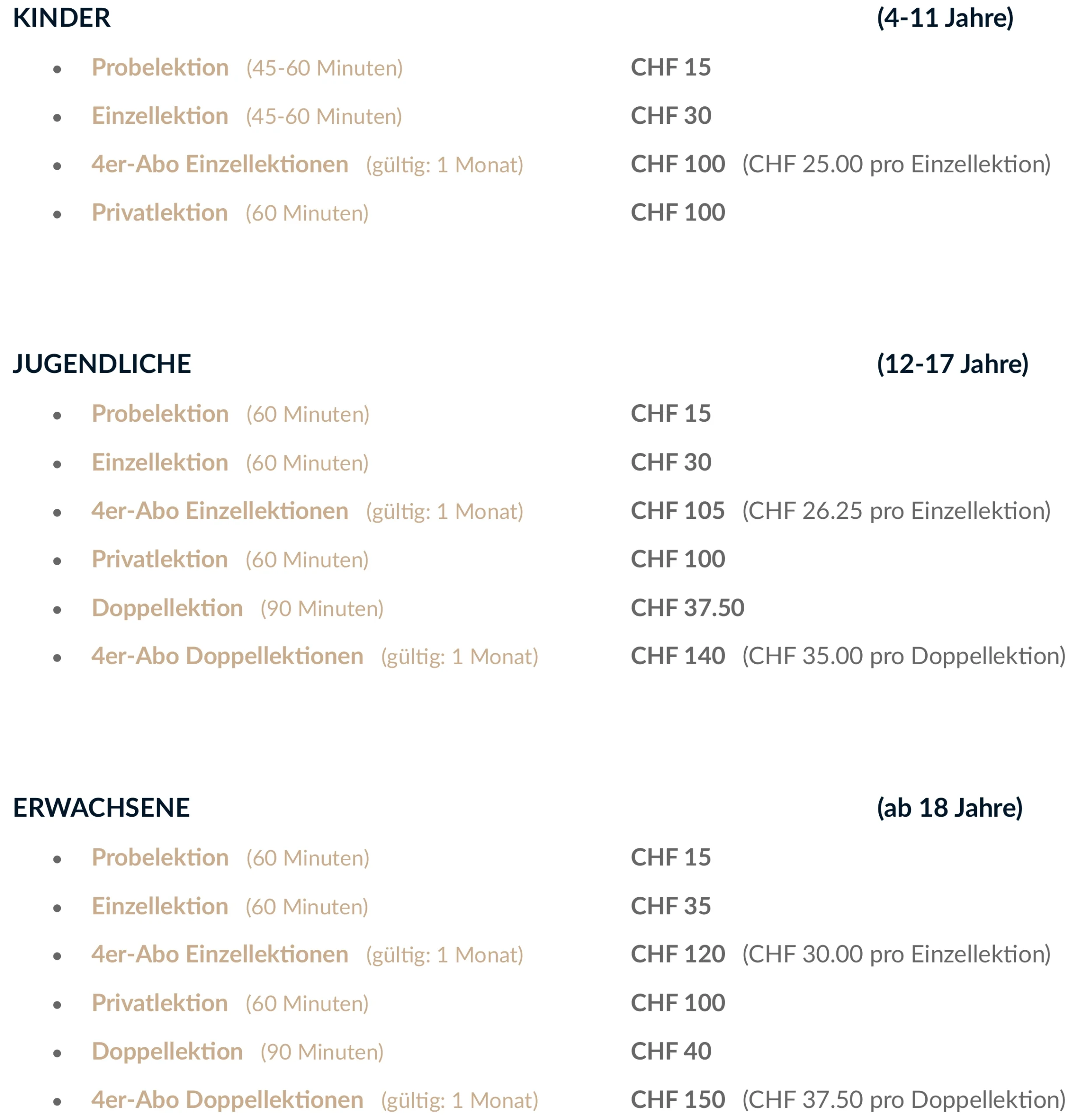 Preisliste Seite 1 Tanzgeheimnis Tanzschule Ballettschule Zürich