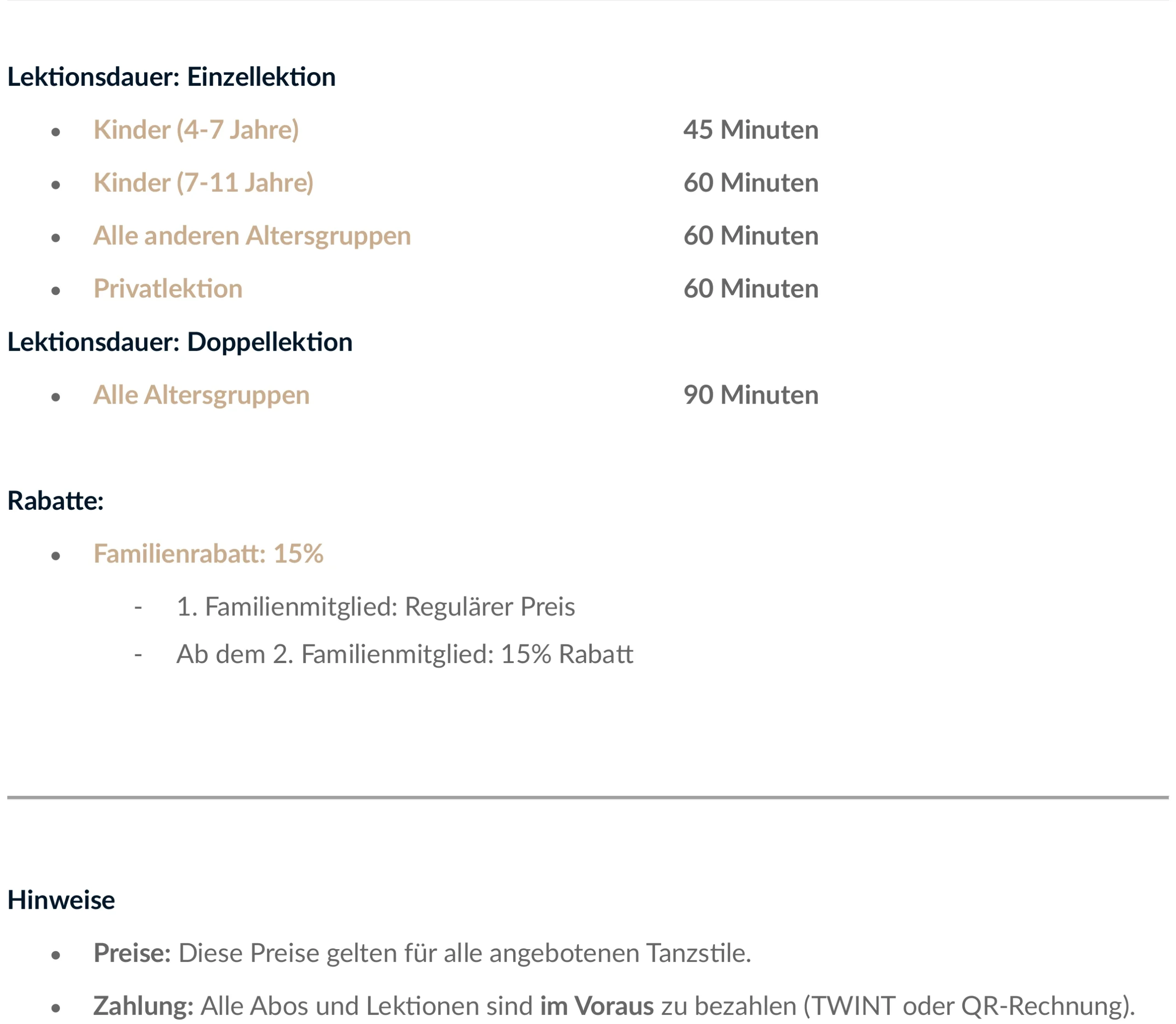 Preisliste Seite 2 Tanzgeheimnis Tanzschule Ballettschule Zürich
